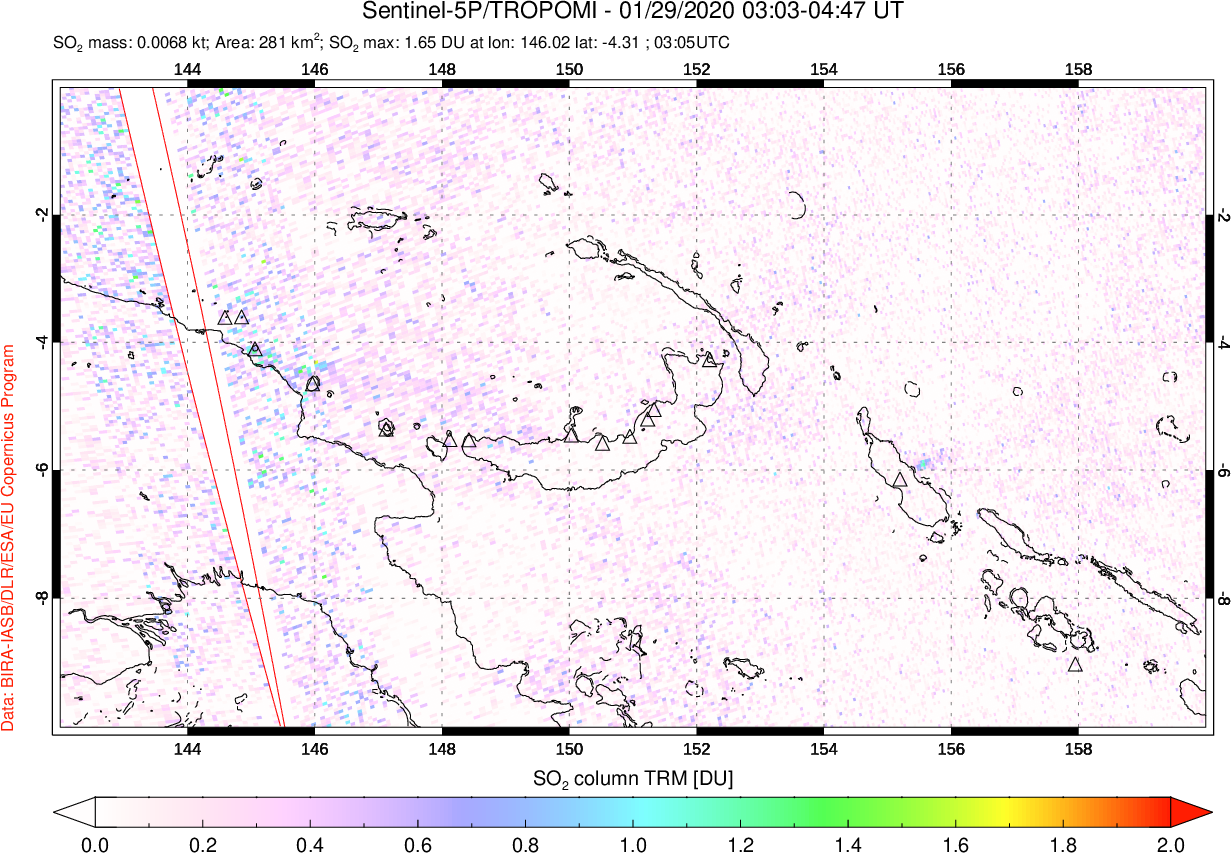 A sulfur dioxide image over Papua, New Guinea on Jan 29, 2020.
