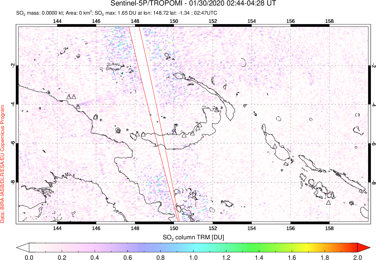 A sulfur dioxide image over Papua, New Guinea on Jan 30, 2020.