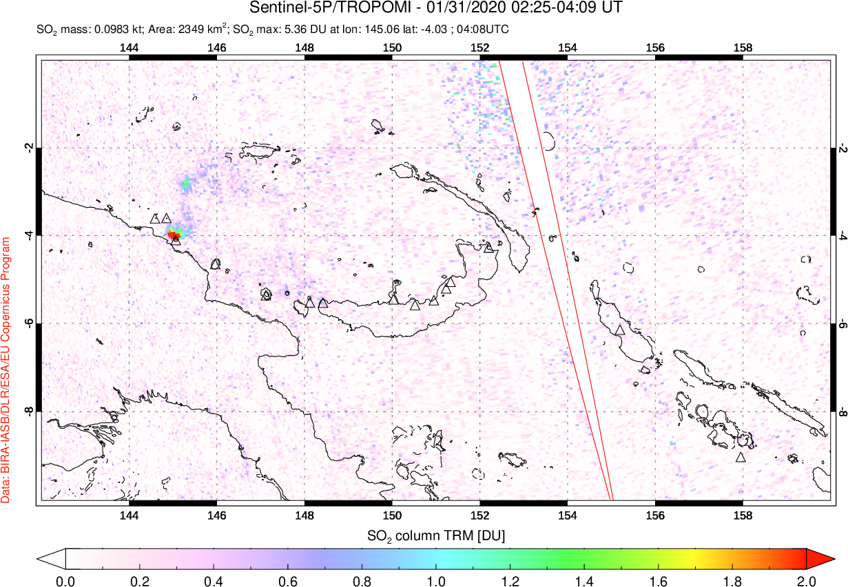 A sulfur dioxide image over Papua, New Guinea on Jan 31, 2020.