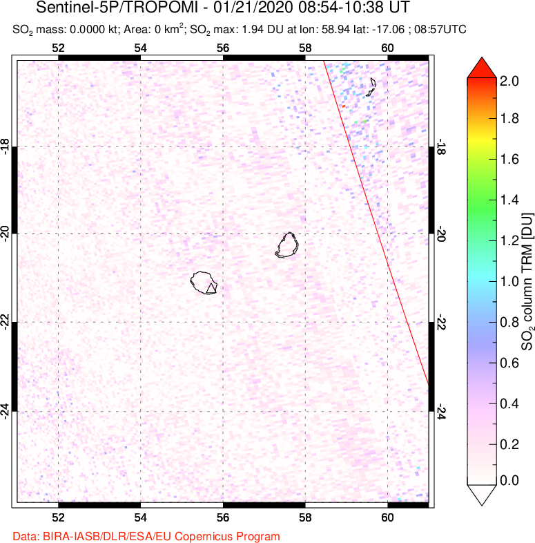 A sulfur dioxide image over Reunion Island, Indian Ocean on Jan 21, 2020.