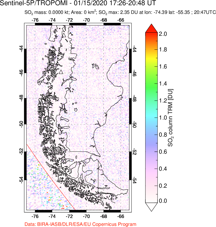 A sulfur dioxide image over Southern Chile on Jan 15, 2020.