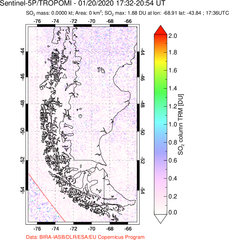 A sulfur dioxide image over Southern Chile on Jan 20, 2020.