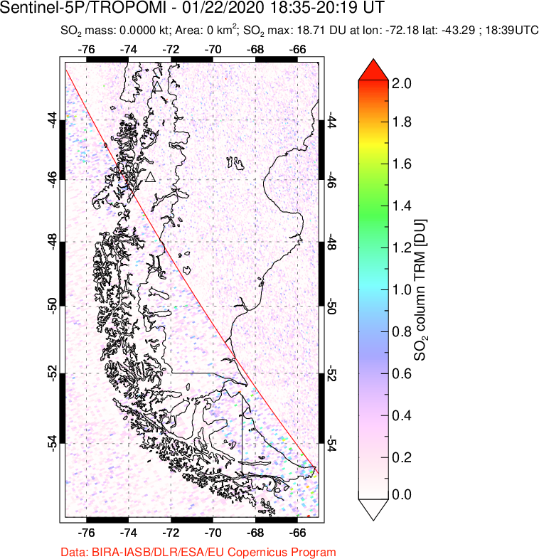 A sulfur dioxide image over Southern Chile on Jan 22, 2020.