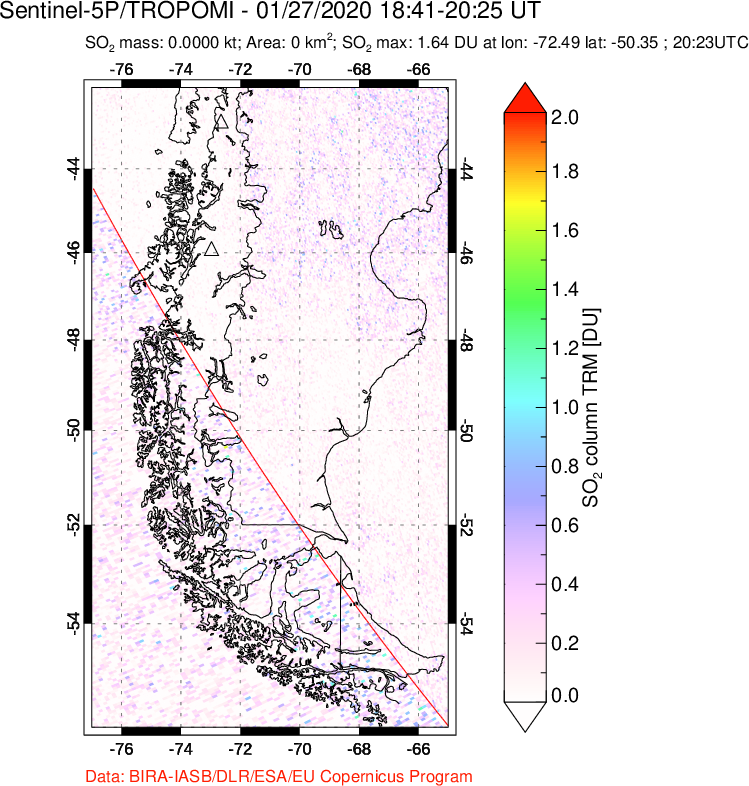 A sulfur dioxide image over Southern Chile on Jan 27, 2020.