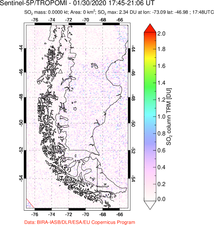 A sulfur dioxide image over Southern Chile on Jan 30, 2020.