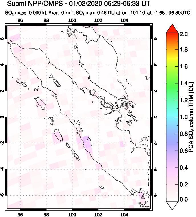 A sulfur dioxide image over Sumatra, Indonesia on Jan 02, 2020.
