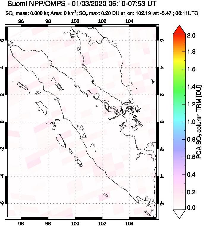 A sulfur dioxide image over Sumatra, Indonesia on Jan 03, 2020.