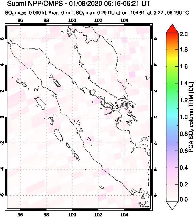 A sulfur dioxide image over Sumatra, Indonesia on Jan 08, 2020.