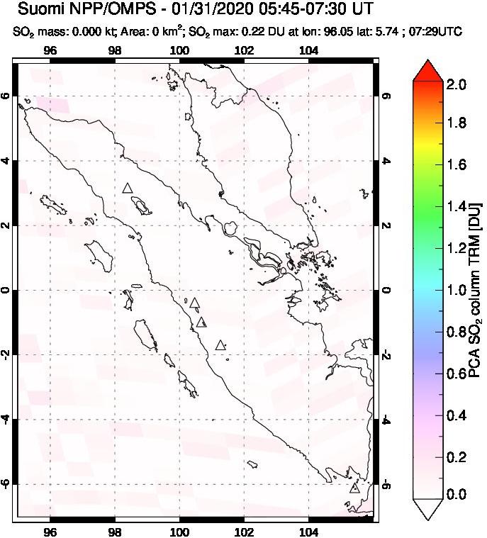 A sulfur dioxide image over Sumatra, Indonesia on Jan 31, 2020.