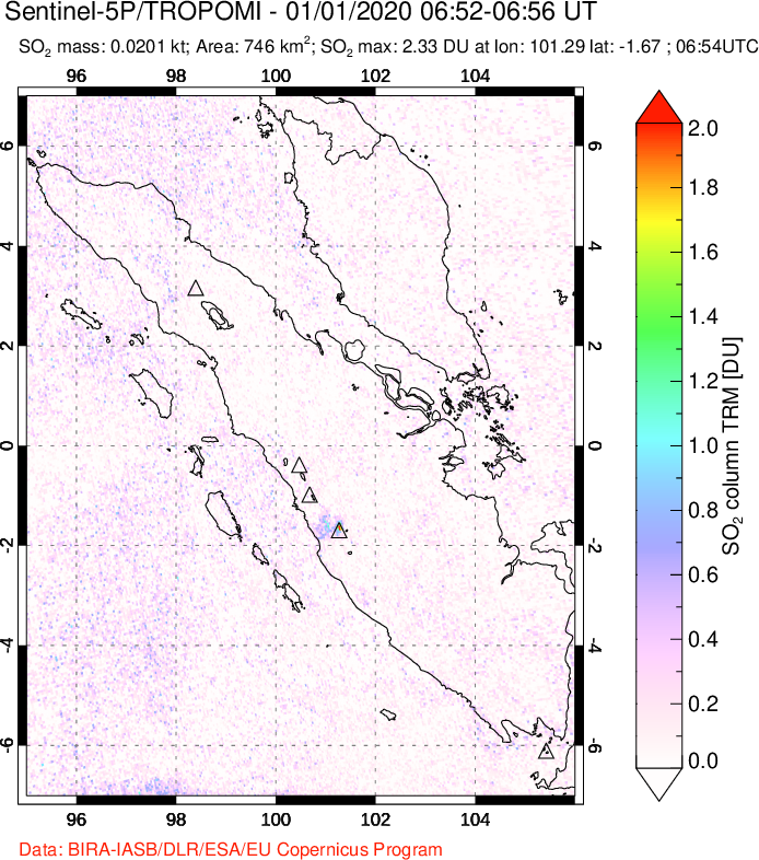 A sulfur dioxide image over Sumatra, Indonesia on Jan 01, 2020.