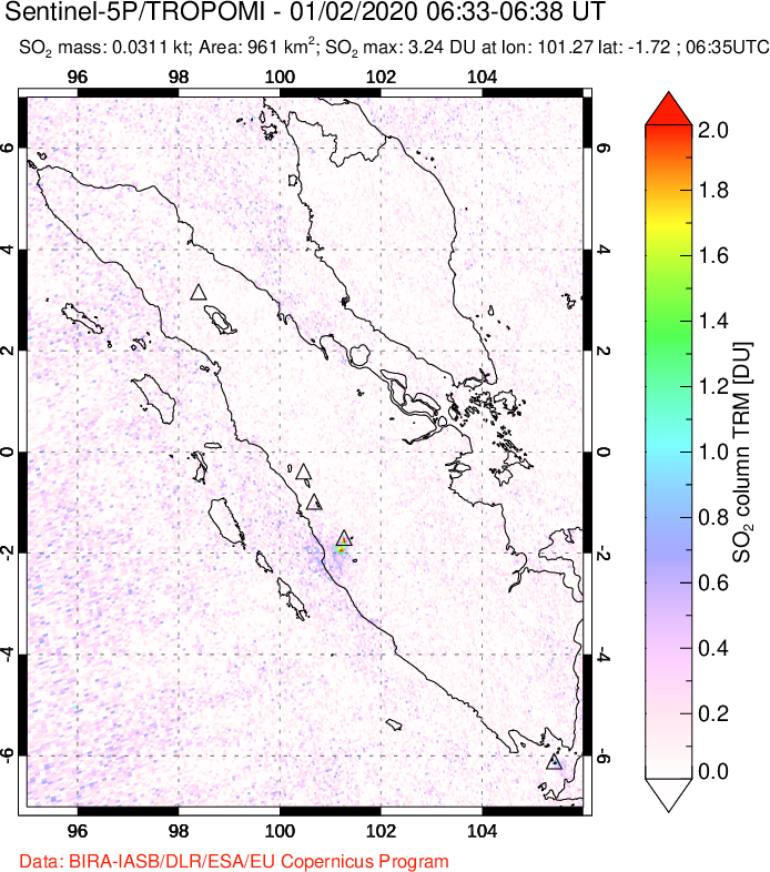 A sulfur dioxide image over Sumatra, Indonesia on Jan 02, 2020.