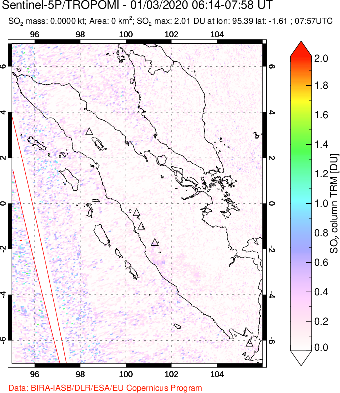 A sulfur dioxide image over Sumatra, Indonesia on Jan 03, 2020.