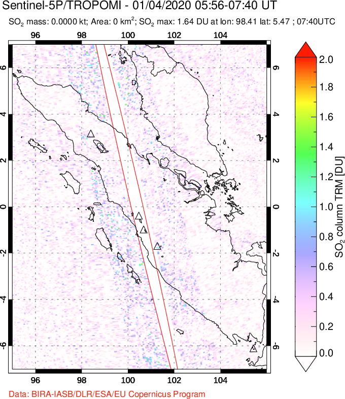 A sulfur dioxide image over Sumatra, Indonesia on Jan 04, 2020.