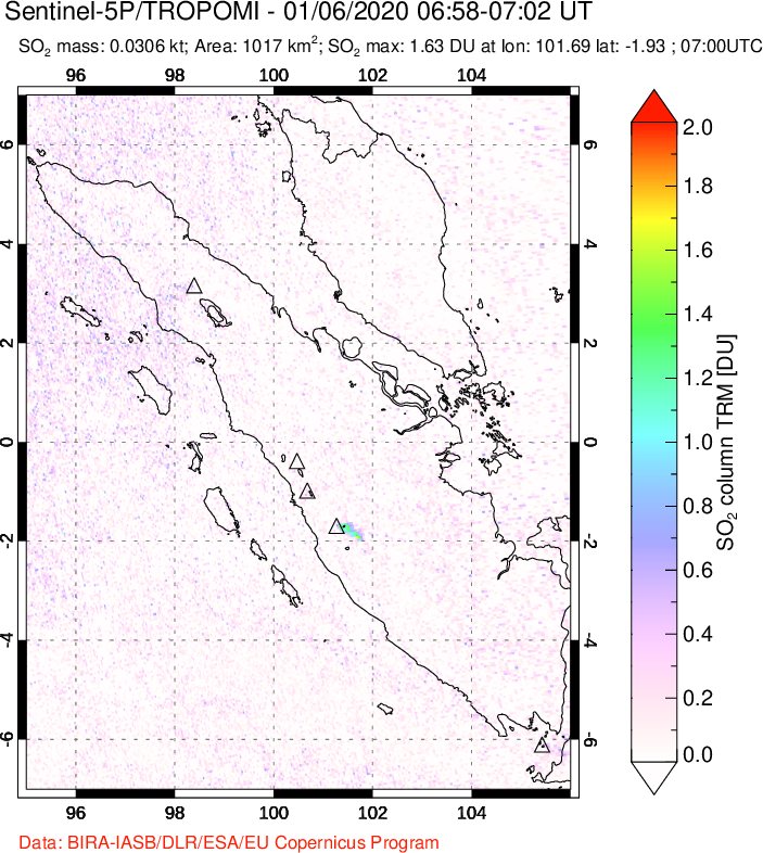 A sulfur dioxide image over Sumatra, Indonesia on Jan 06, 2020.