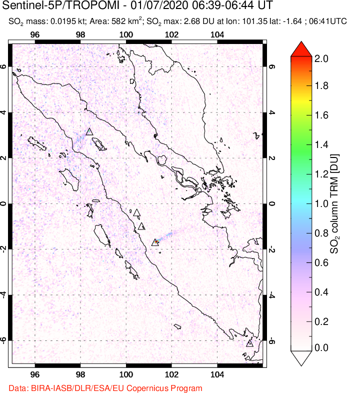 A sulfur dioxide image over Sumatra, Indonesia on Jan 07, 2020.