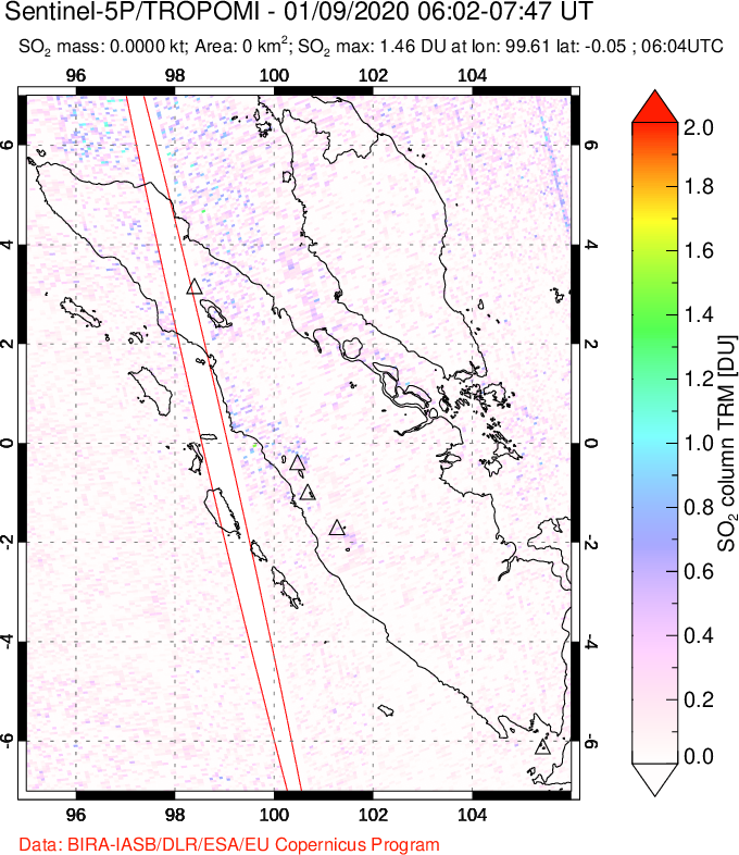 A sulfur dioxide image over Sumatra, Indonesia on Jan 09, 2020.