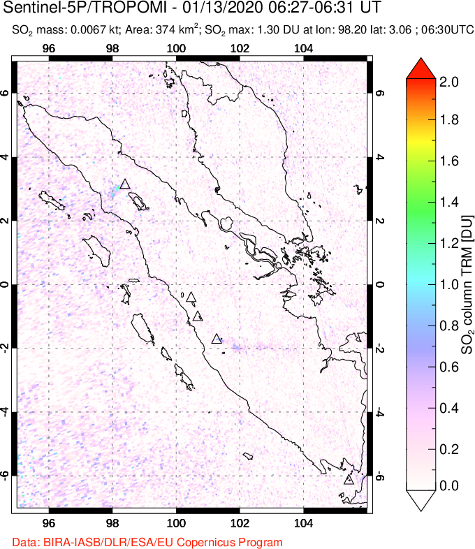 A sulfur dioxide image over Sumatra, Indonesia on Jan 13, 2020.