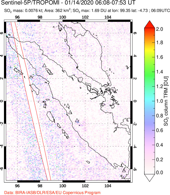A sulfur dioxide image over Sumatra, Indonesia on Jan 14, 2020.