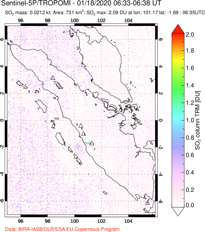A sulfur dioxide image over Sumatra, Indonesia on Jan 18, 2020.