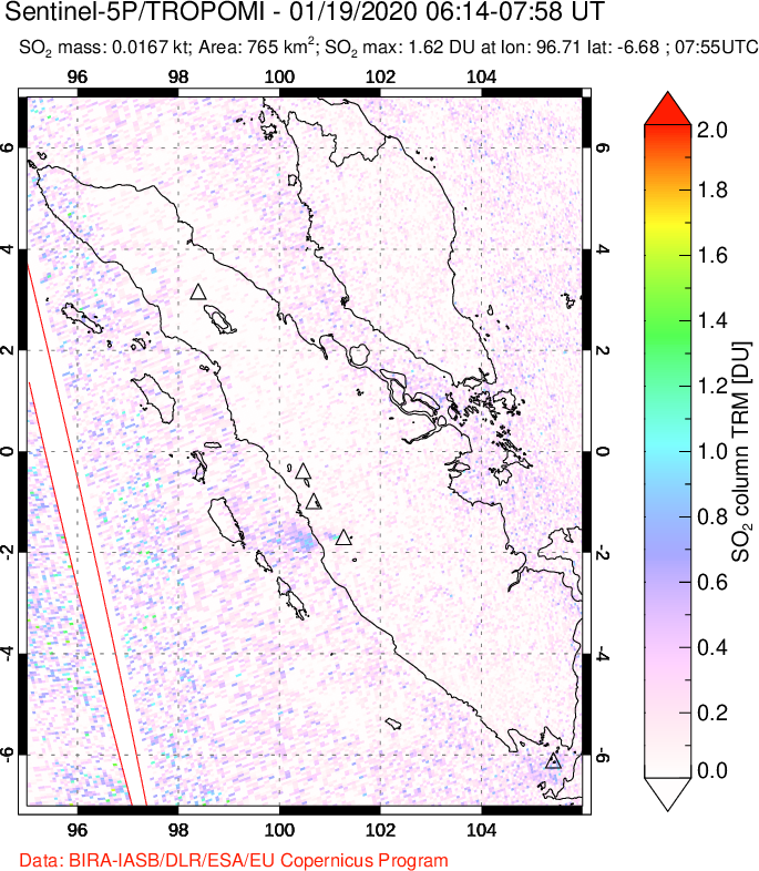 A sulfur dioxide image over Sumatra, Indonesia on Jan 19, 2020.