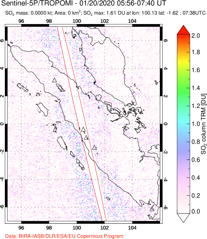 A sulfur dioxide image over Sumatra, Indonesia on Jan 20, 2020.