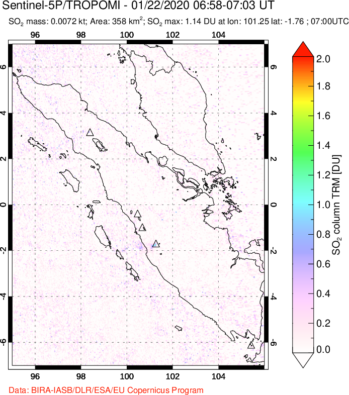 A sulfur dioxide image over Sumatra, Indonesia on Jan 22, 2020.