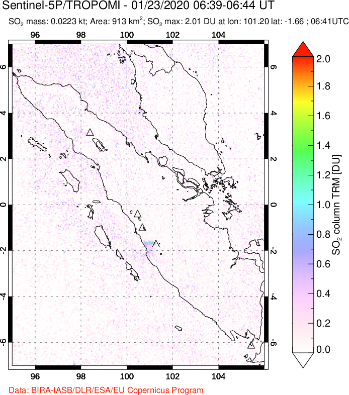 A sulfur dioxide image over Sumatra, Indonesia on Jan 23, 2020.