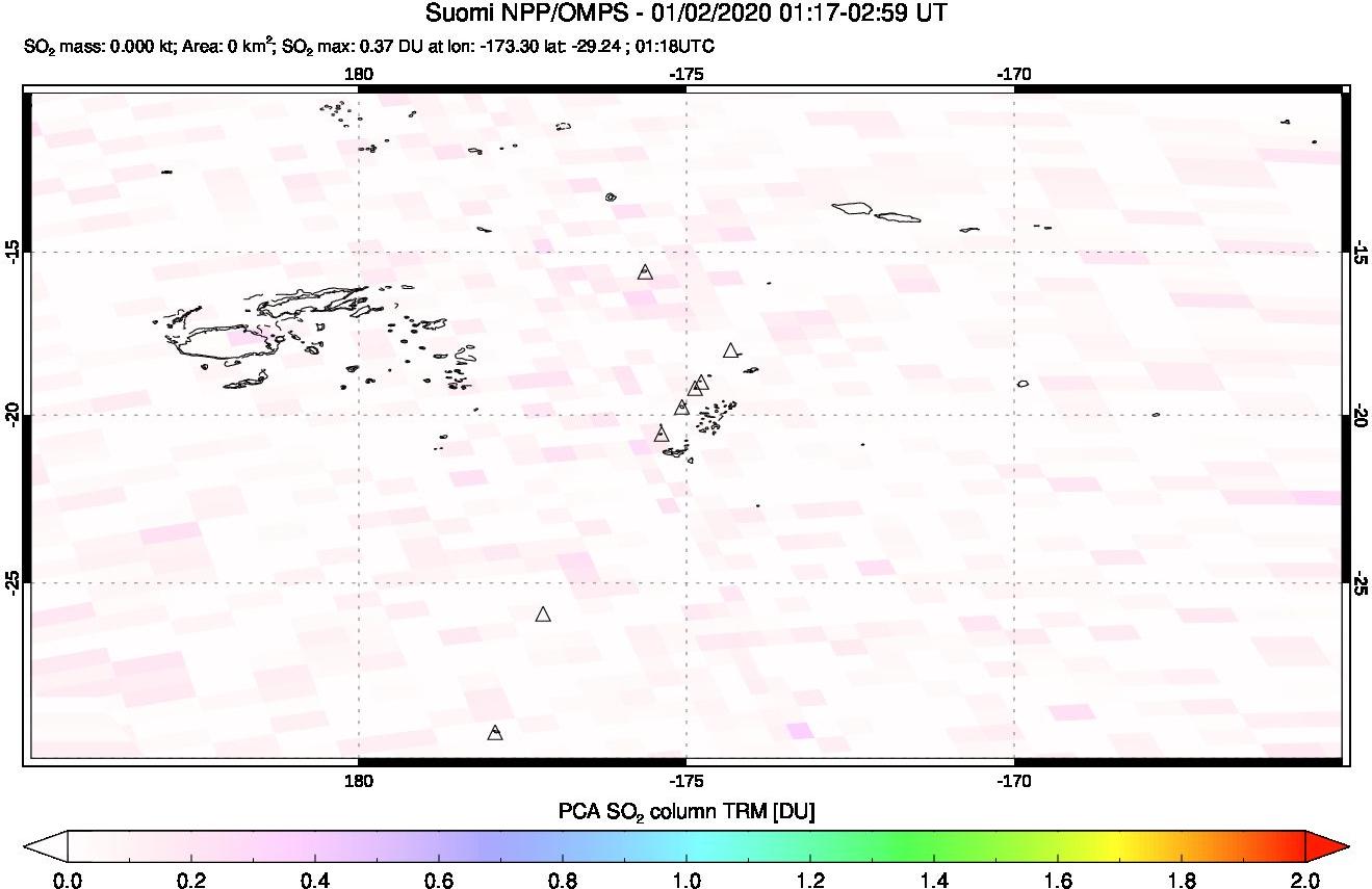 A sulfur dioxide image over Tonga, South Pacific on Jan 02, 2020.