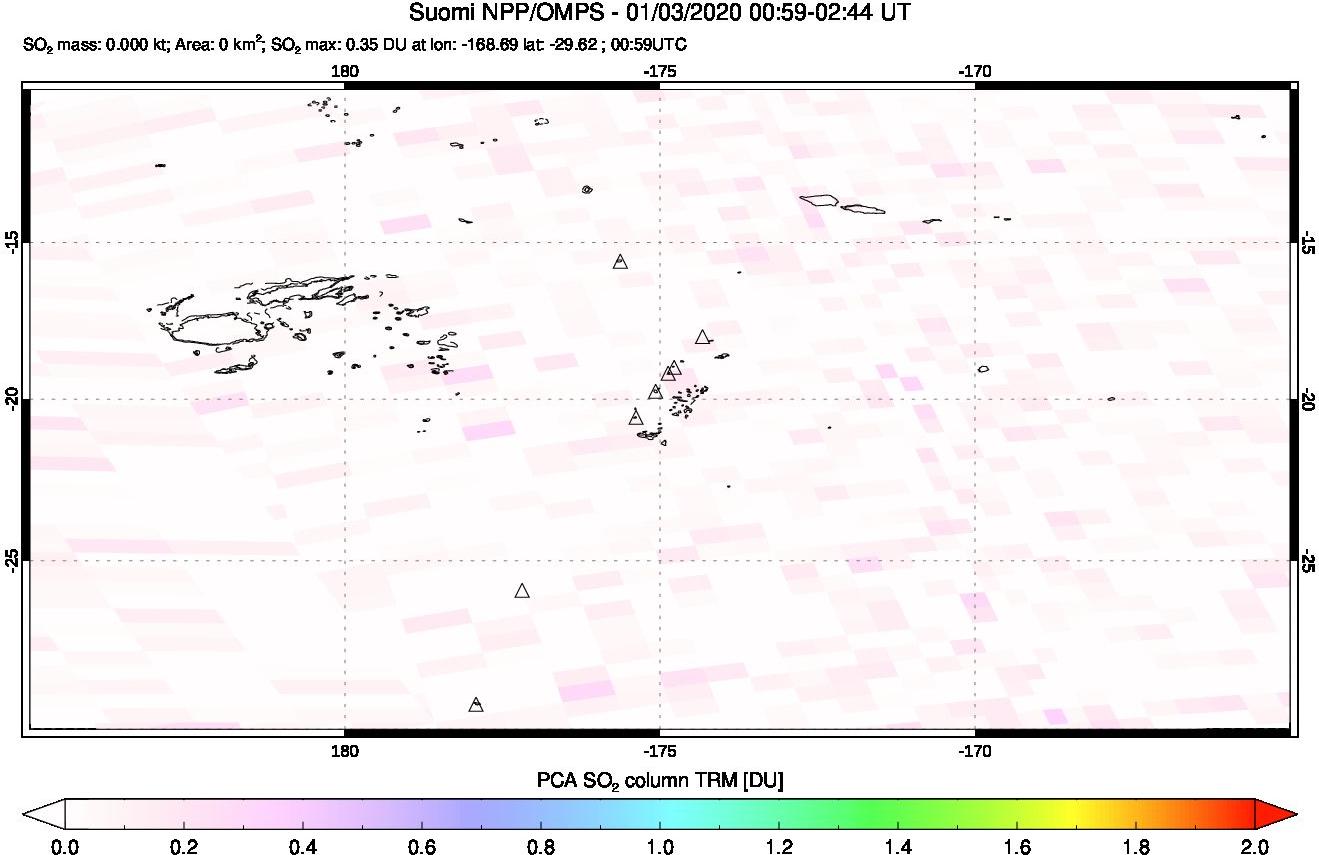 A sulfur dioxide image over Tonga, South Pacific on Jan 03, 2020.