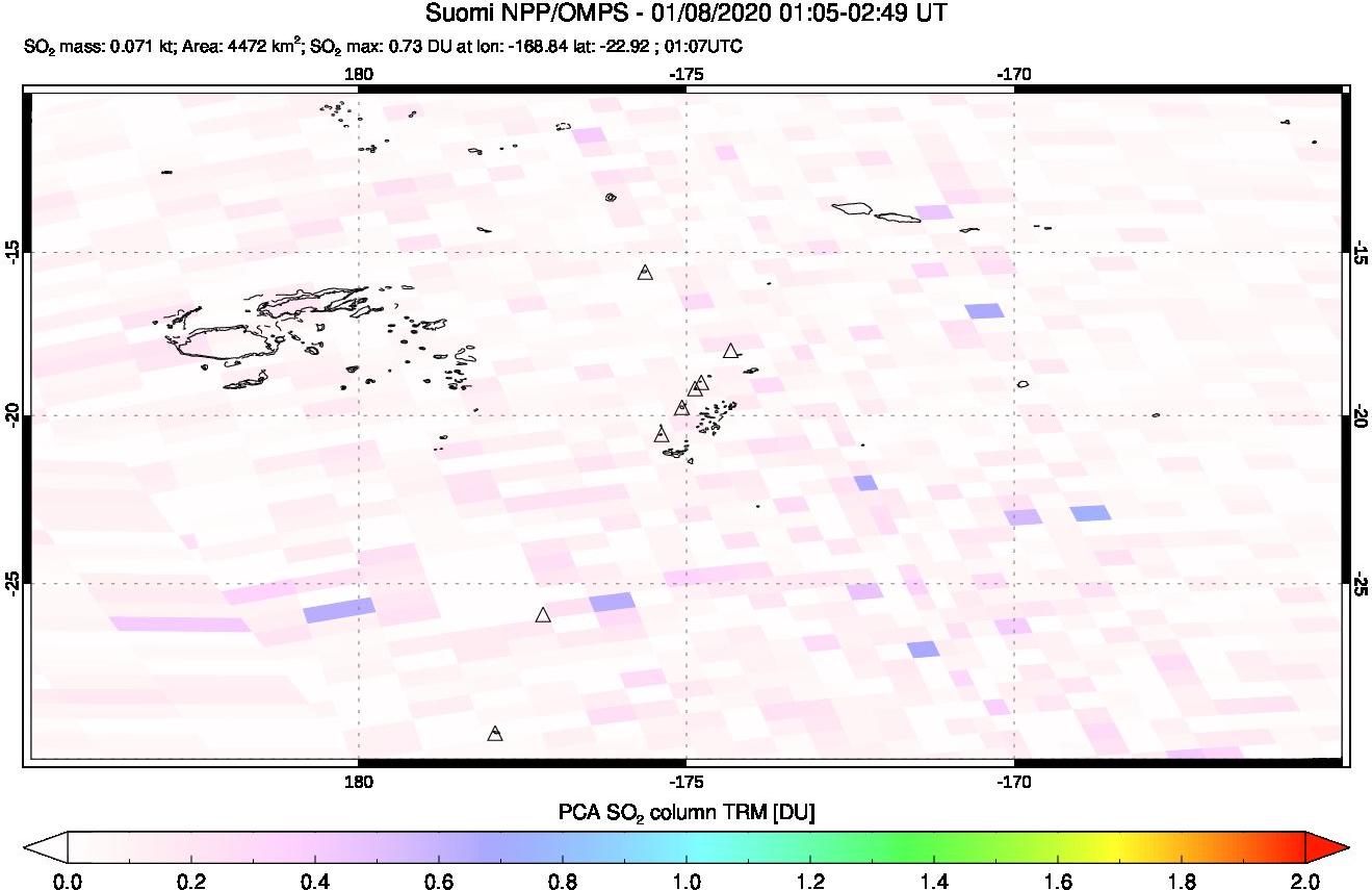 A sulfur dioxide image over Tonga, South Pacific on Jan 08, 2020.