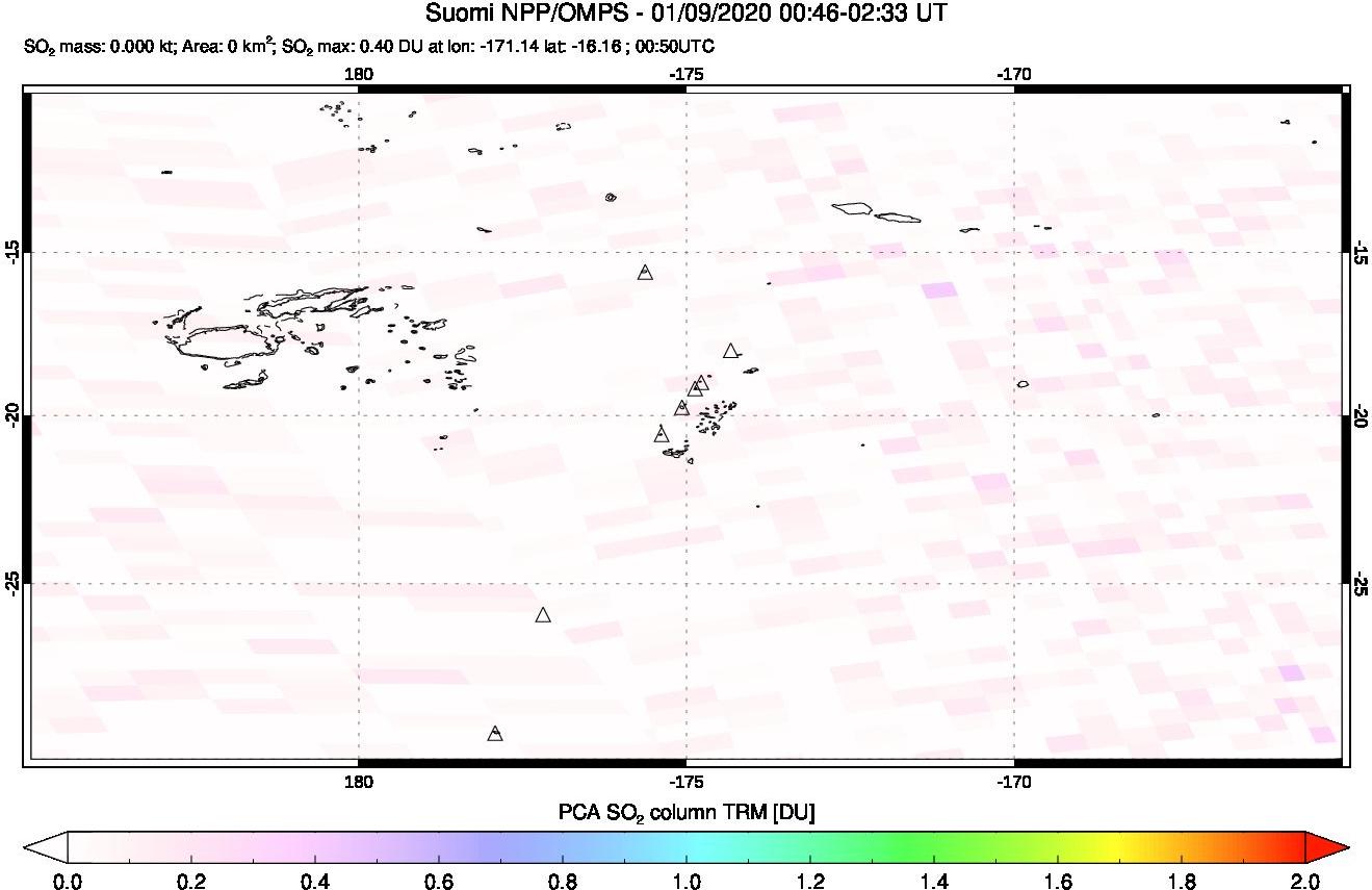 A sulfur dioxide image over Tonga, South Pacific on Jan 09, 2020.