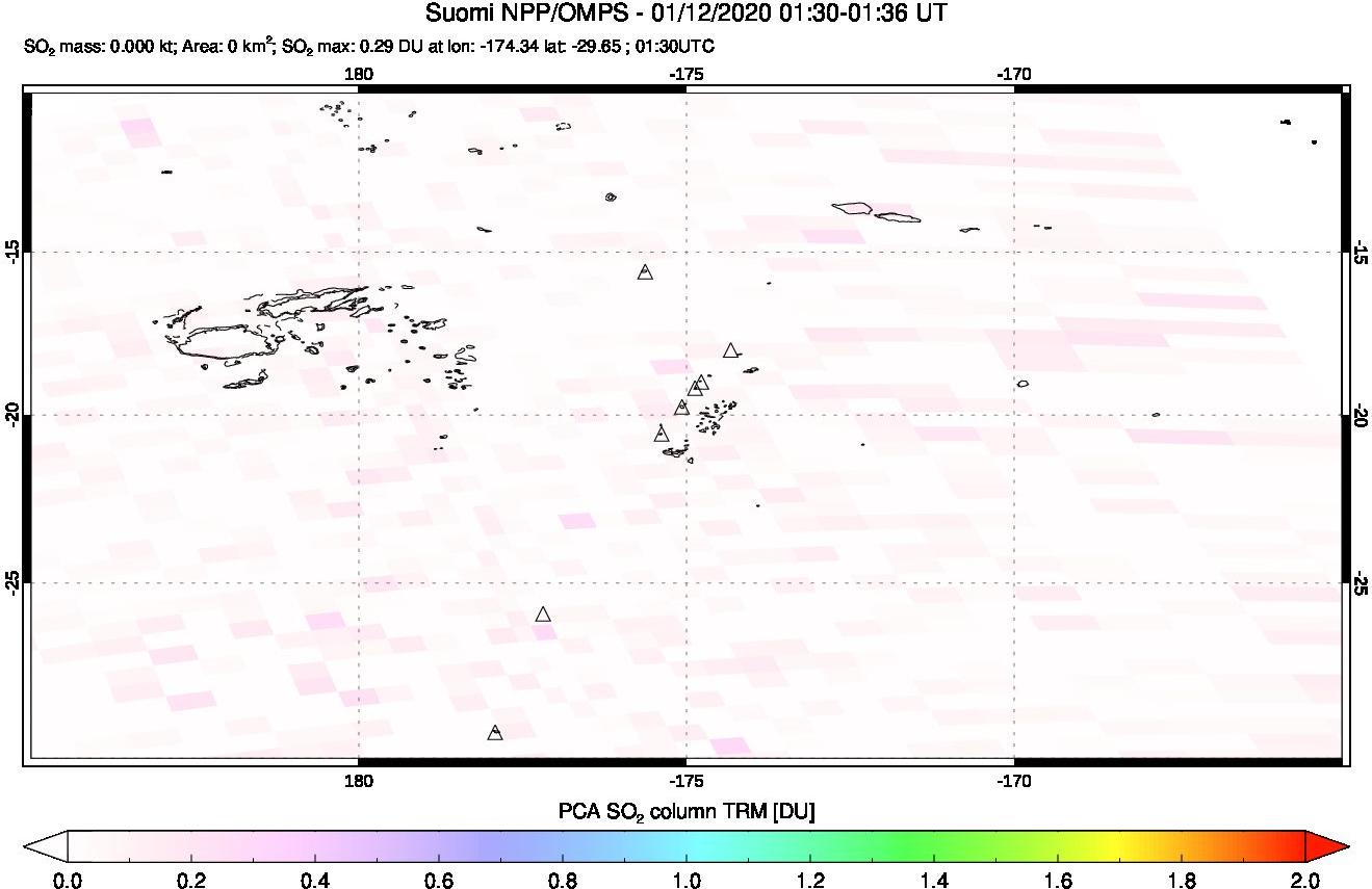 A sulfur dioxide image over Tonga, South Pacific on Jan 12, 2020.