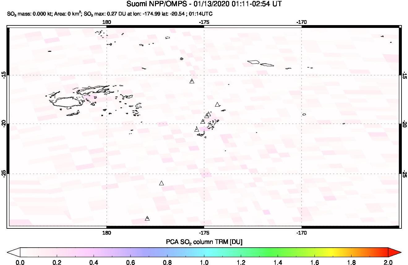 A sulfur dioxide image over Tonga, South Pacific on Jan 13, 2020.