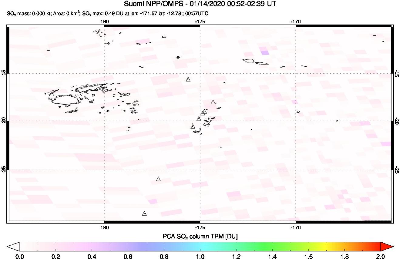 A sulfur dioxide image over Tonga, South Pacific on Jan 14, 2020.
