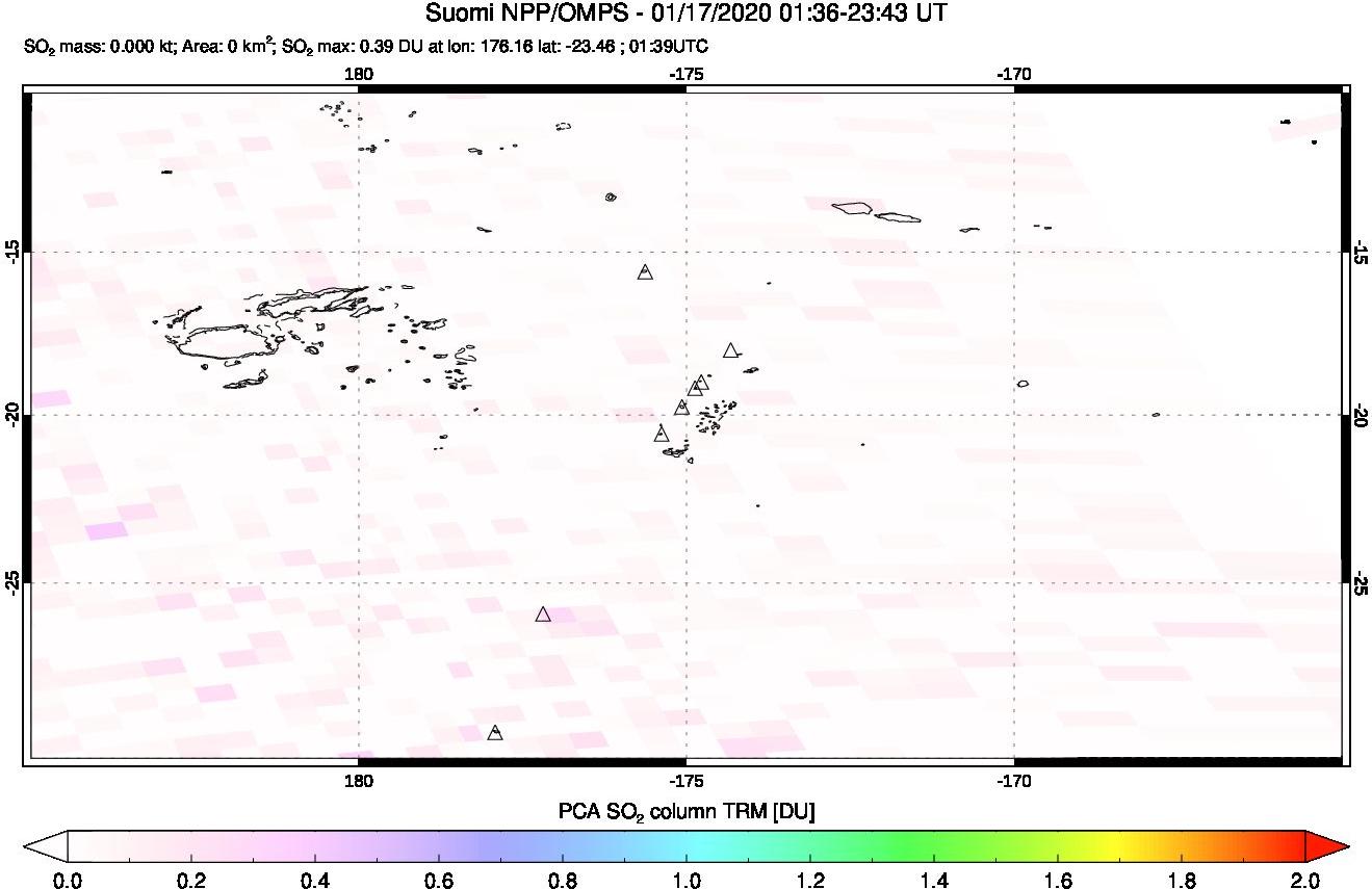 A sulfur dioxide image over Tonga, South Pacific on Jan 17, 2020.