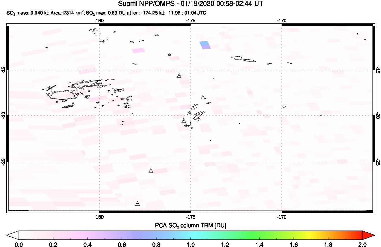 A sulfur dioxide image over Tonga, South Pacific on Jan 19, 2020.