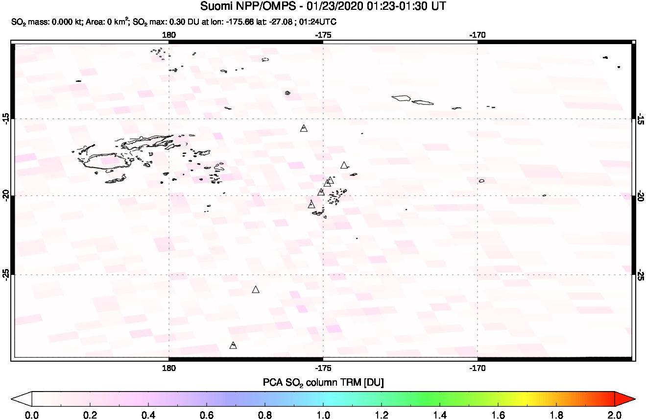A sulfur dioxide image over Tonga, South Pacific on Jan 23, 2020.