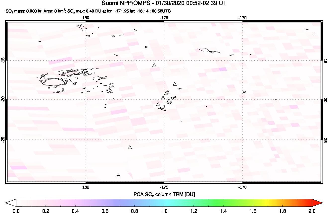 A sulfur dioxide image over Tonga, South Pacific on Jan 30, 2020.