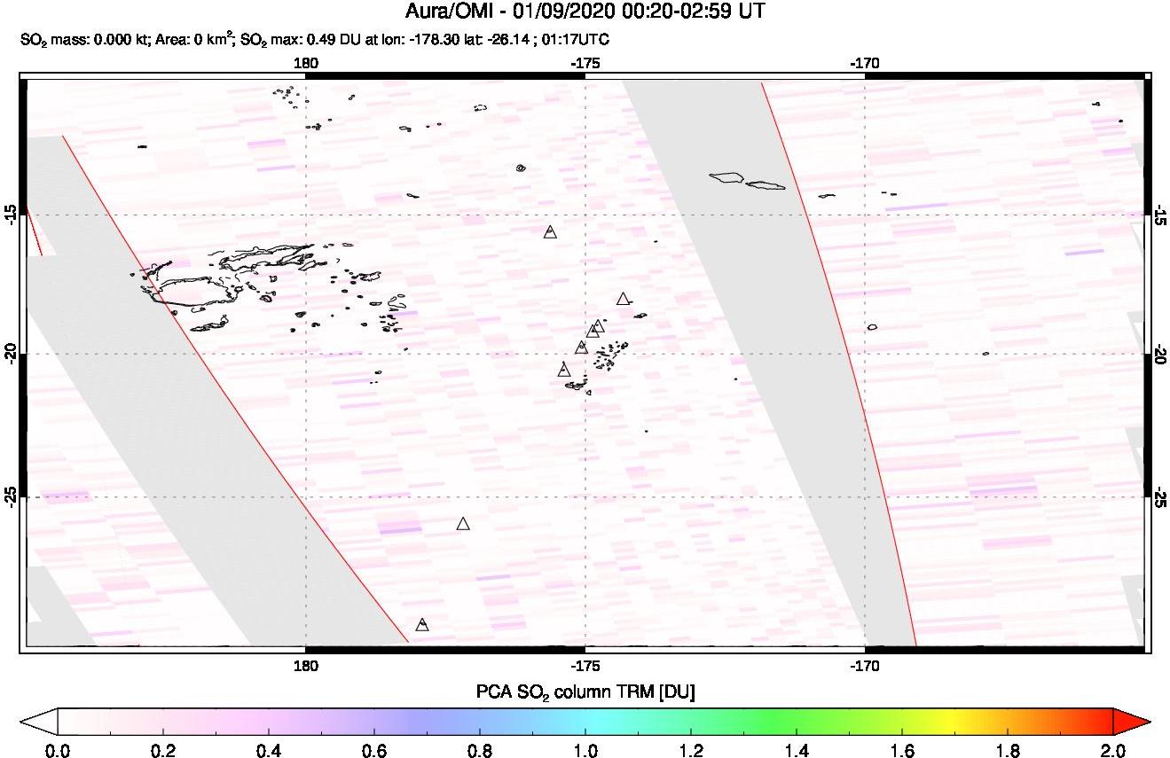 A sulfur dioxide image over Tonga, South Pacific on Jan 09, 2020.