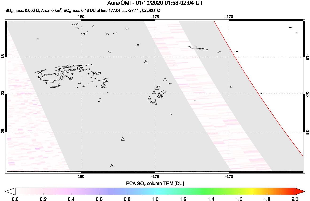 A sulfur dioxide image over Tonga, South Pacific on Jan 10, 2020.