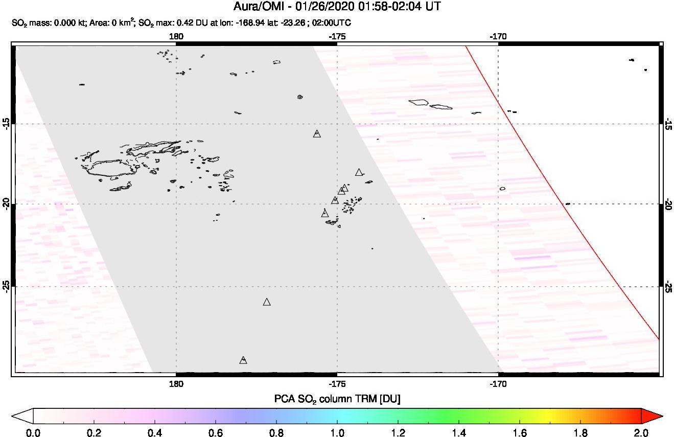 A sulfur dioxide image over Tonga, South Pacific on Jan 26, 2020.