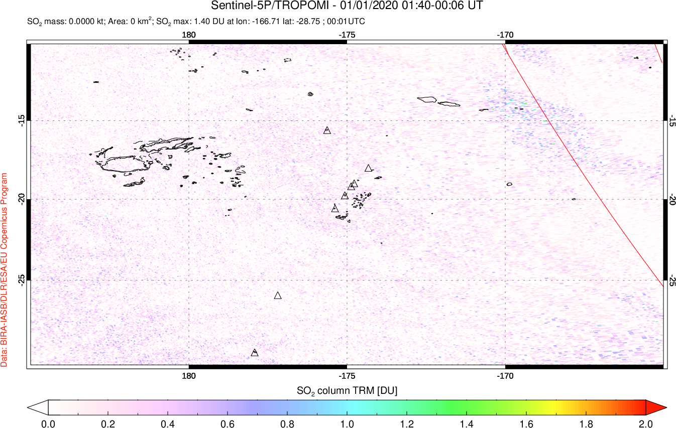 A sulfur dioxide image over Tonga, South Pacific on Jan 01, 2020.