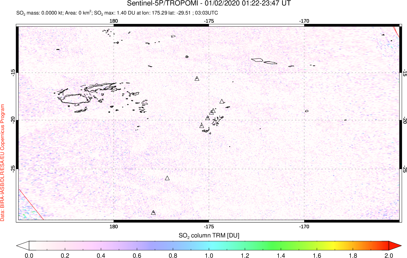 A sulfur dioxide image over Tonga, South Pacific on Jan 02, 2020.