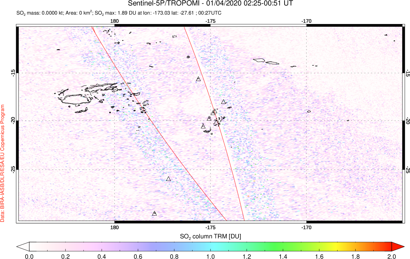 A sulfur dioxide image over Tonga, South Pacific on Jan 04, 2020.