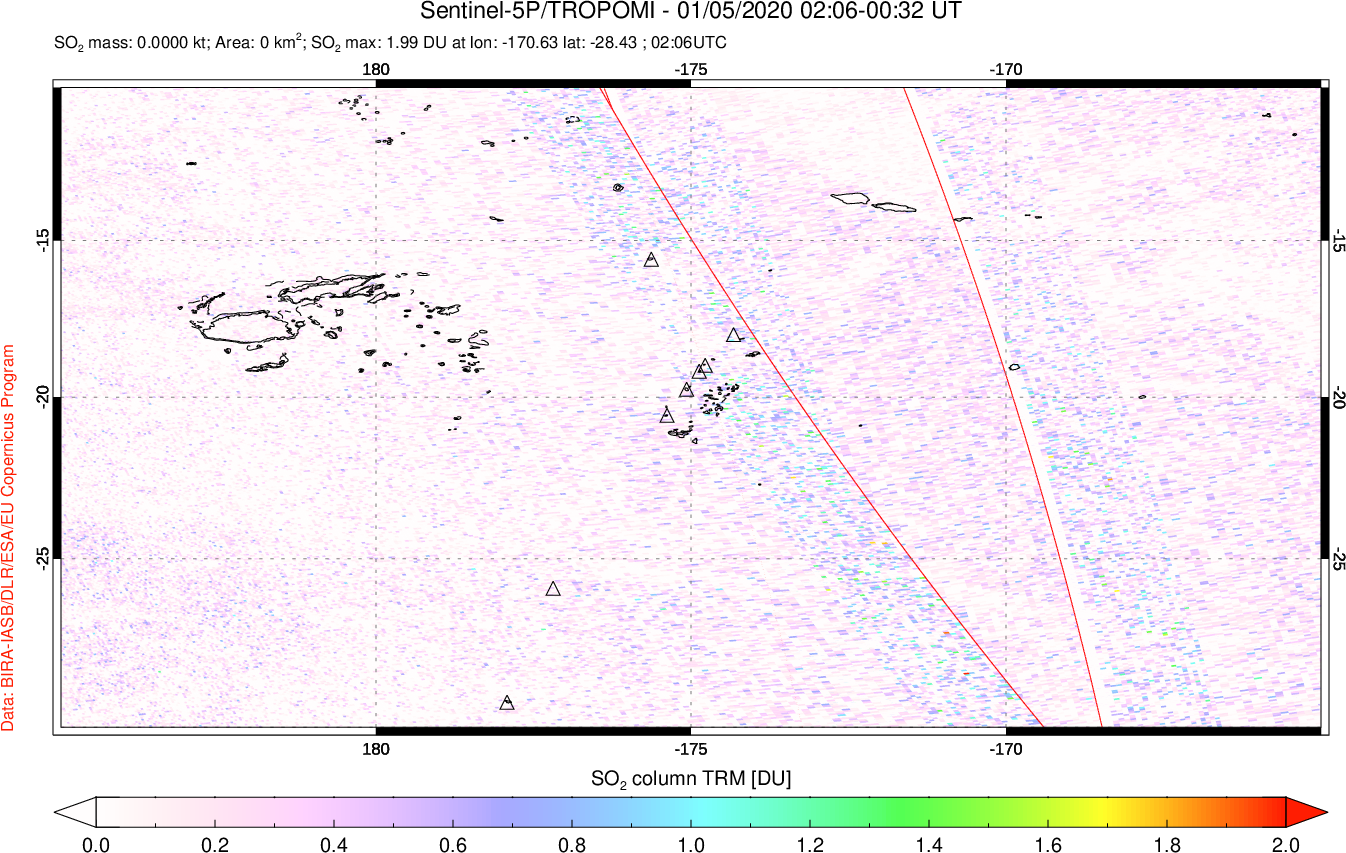 A sulfur dioxide image over Tonga, South Pacific on Jan 05, 2020.