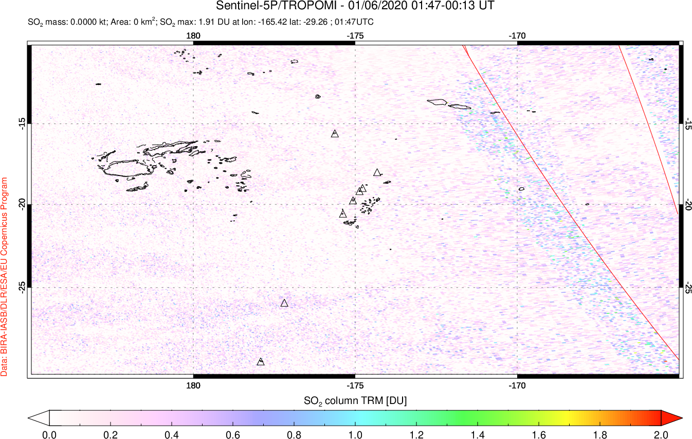 A sulfur dioxide image over Tonga, South Pacific on Jan 06, 2020.