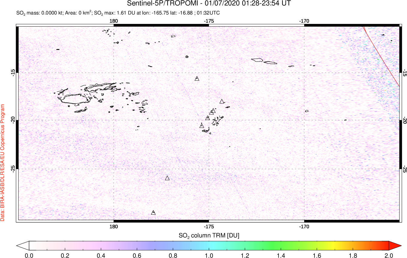 A sulfur dioxide image over Tonga, South Pacific on Jan 07, 2020.