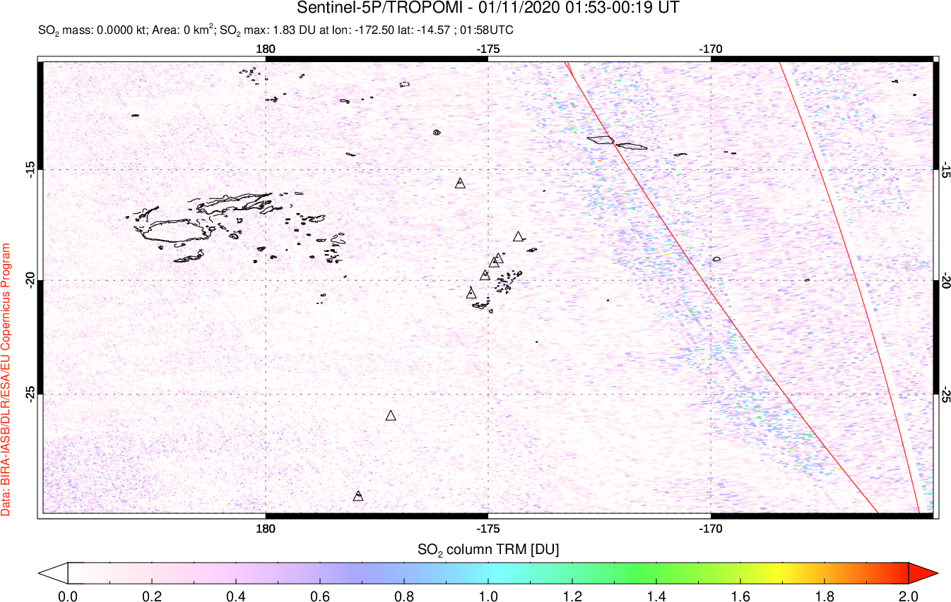 A sulfur dioxide image over Tonga, South Pacific on Jan 11, 2020.