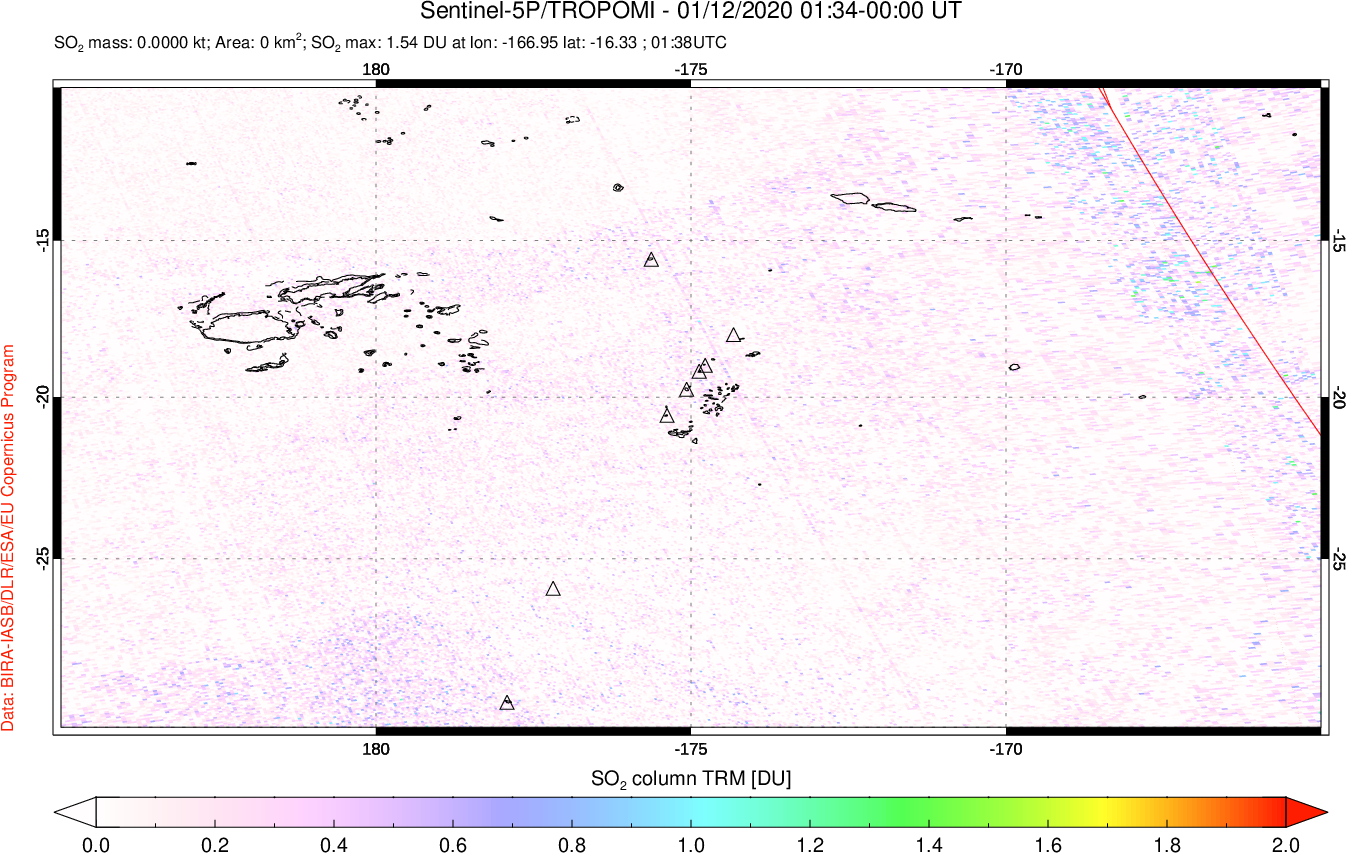 A sulfur dioxide image over Tonga, South Pacific on Jan 12, 2020.