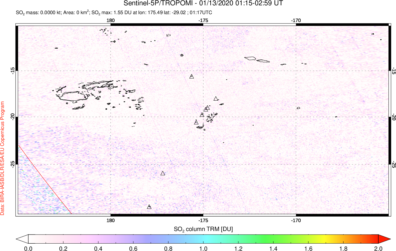 A sulfur dioxide image over Tonga, South Pacific on Jan 13, 2020.